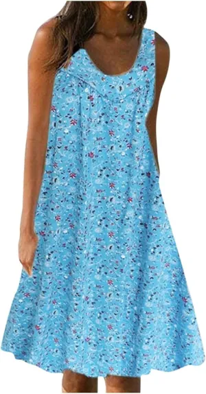 Sun Dresses Women Tank Top Dress Casual Summer Vacation Dress Short Dress Sleeveless Fashion Floral Dress with Pockets