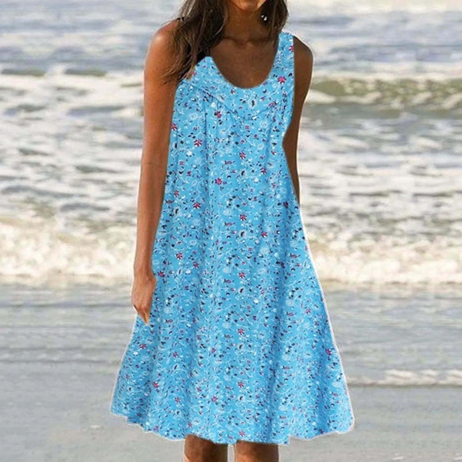 Sun Dresses Women Tank Top Dress Casual Summer Vacation Dress Short Dress Sleeveless Fashion Floral Dress with Pockets