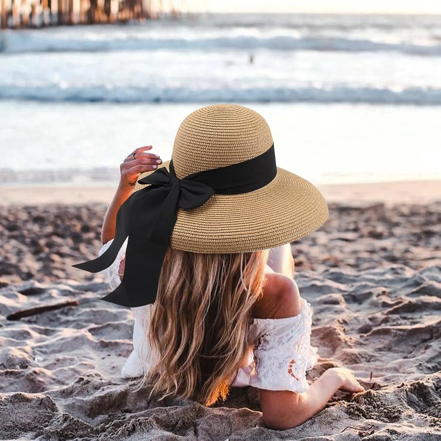 Sun Hats for Women Oversize Wide Brim Straw Beach Hat UV Protection Floppy Foldable Roll-Up Travel Summer UPF 50 