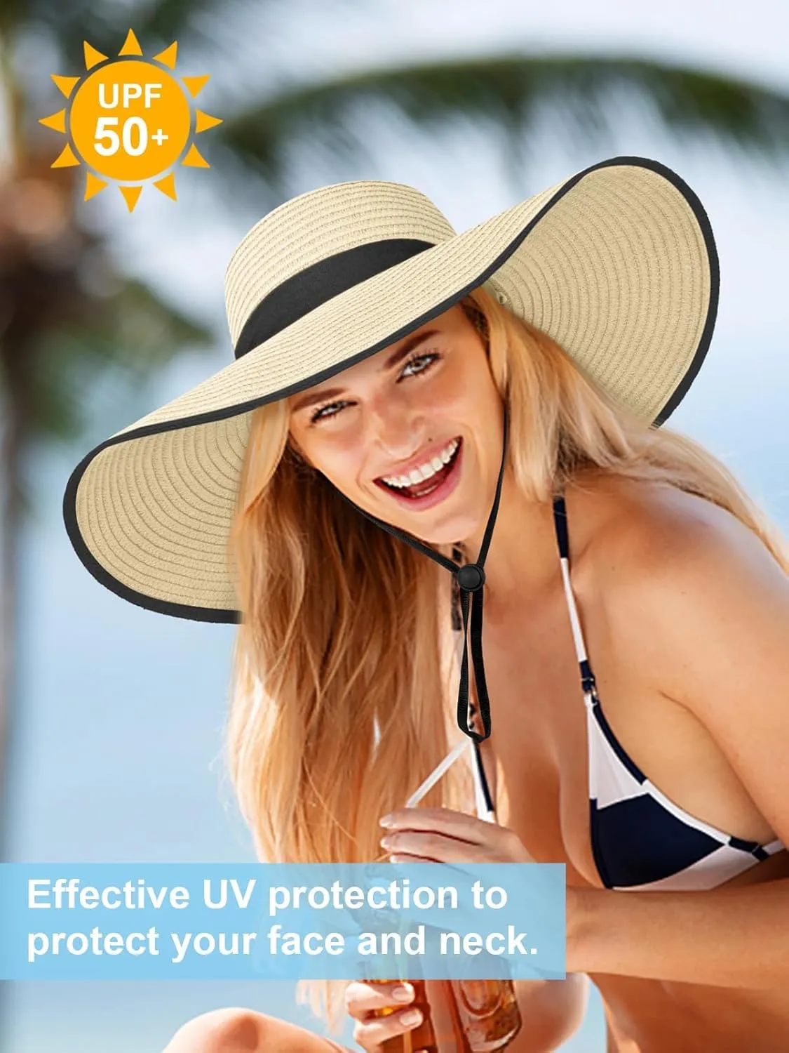 Sun Hats for Women Oversize Wide Brim Straw Beach Hat UV Protection Floppy Foldable Roll-Up Travel Summer Vacation UPF 50 