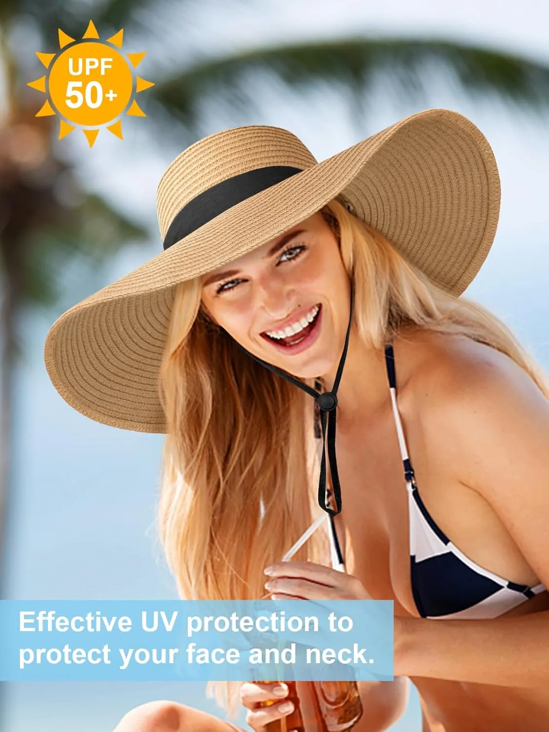 Sun Hats for Women Oversize Wide Brim Straw Beach Hat UV Protection Floppy Foldable Roll-Up Travel Summer Vacation UPF 50 