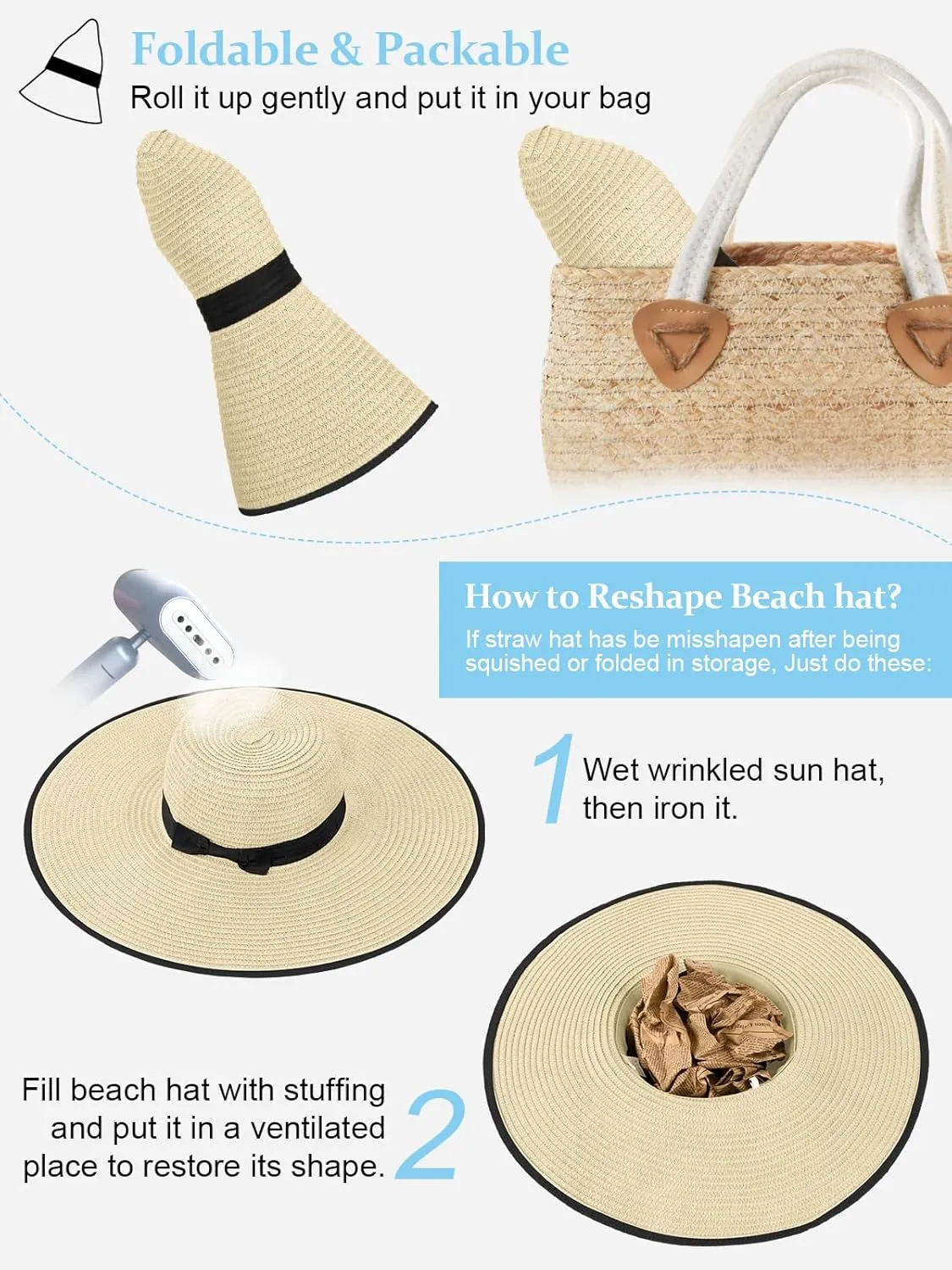Sun Hats for Women, UV Protection Floppy Straw Beach Summer Wide Brim Hat Foldable Roll-Up Travel Vacation UPF 50 