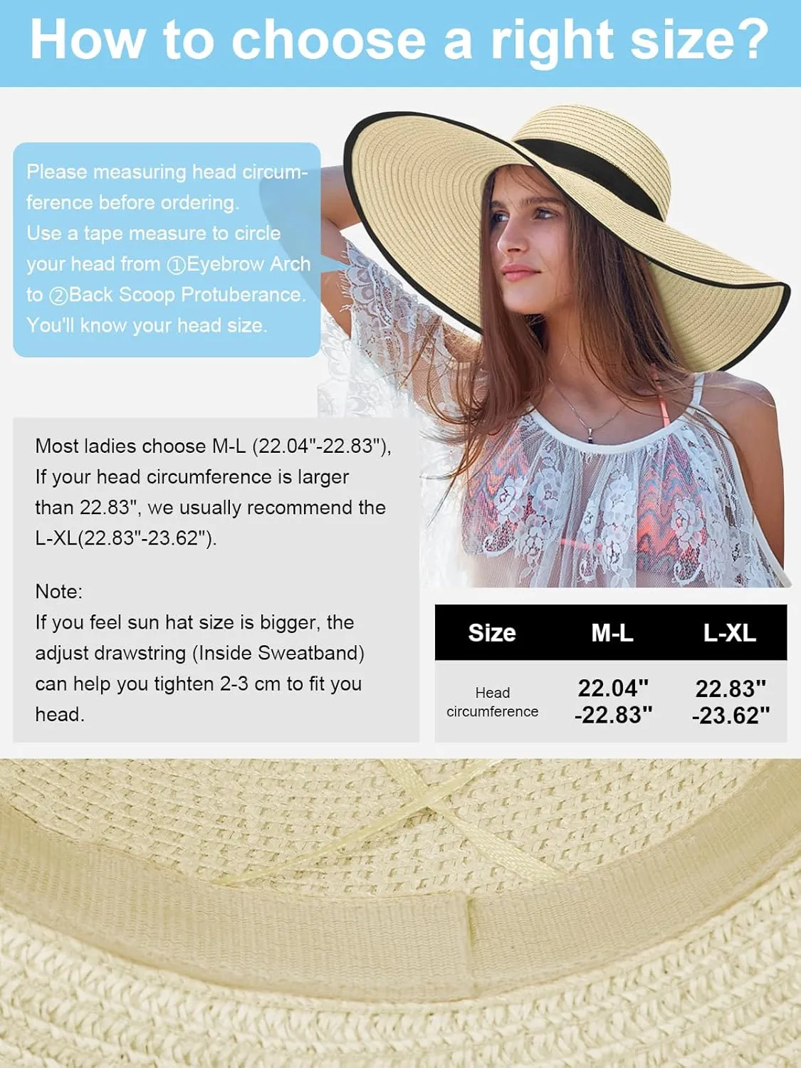Sun Hats for Women, UV Protection Floppy Straw Beach Summer Wide Brim Hat Foldable Roll-Up Travel Vacation UPF 50 