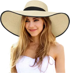 Sun Hats for Women, UV Protection Floppy Straw Beach Summer Wide Brim Hat Foldable Roll-Up Travel Vacation UPF 50 
