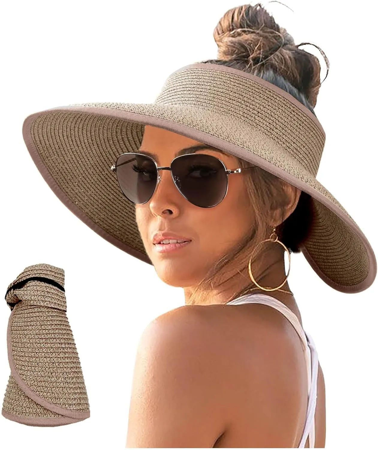 Sun Hats for Women Wide Brim Straw Visor Hats for Women Summer Vacation Lightweight Beach Hat Packable Floppy Travel