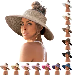 Sun Hats for Women Wide Brim Straw Visor Hats for Women Summer Vacation Lightweight Beach Hat Packable Floppy Travel