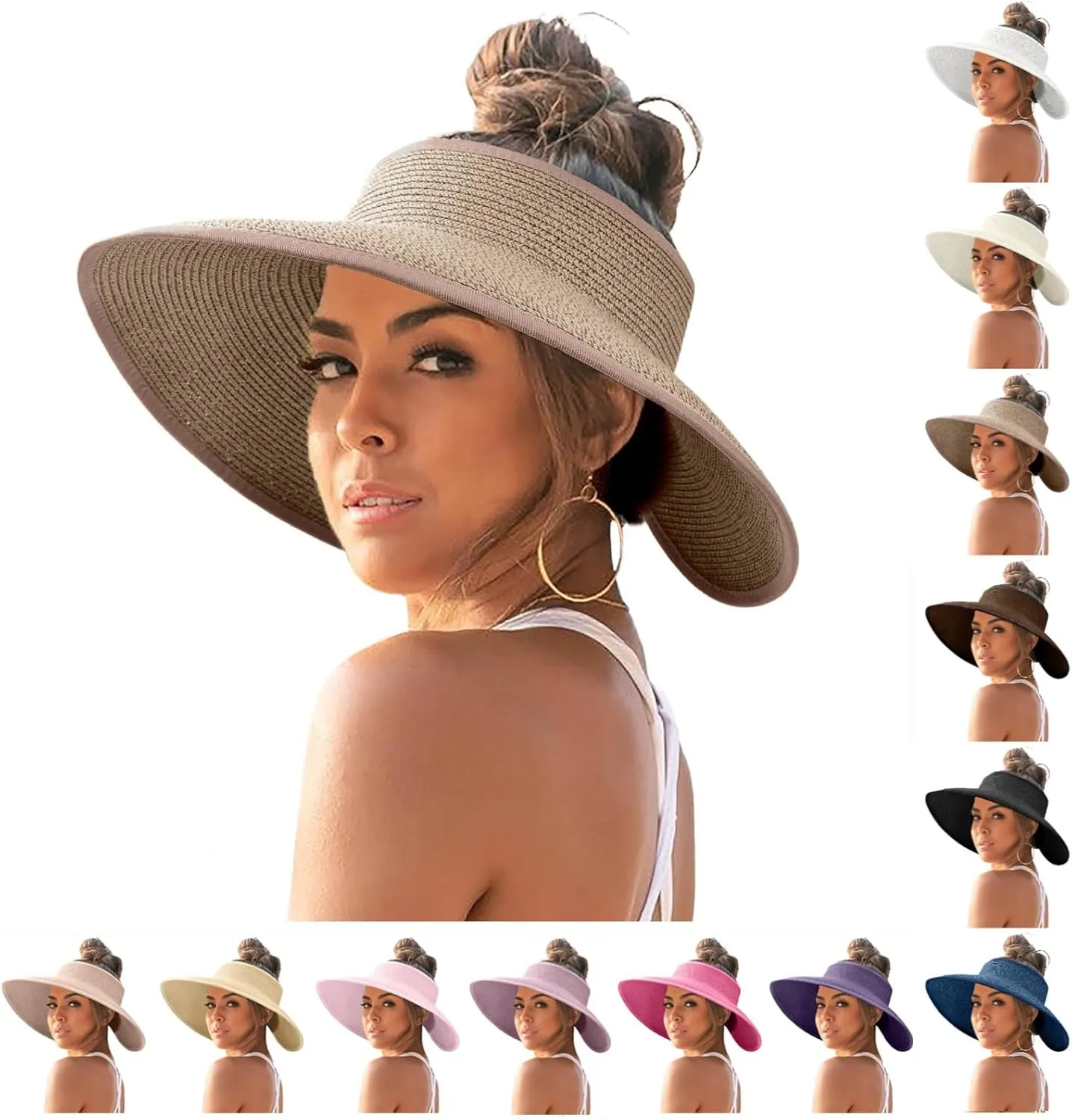 Sun Hats for Women Wide Brim Straw Visor Hats for Women Summer Vacation Lightweight Beach Hat Packable Floppy Travel