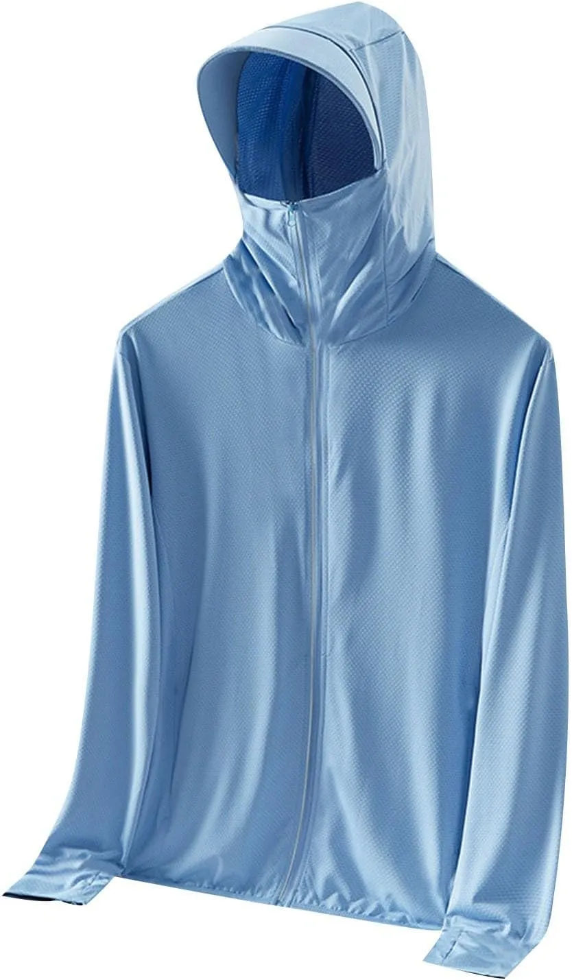 Sun Shirts for Men Hooded UPF 50  Long Sleeve Fishing Shirt with Mask UV Neck Gaiter Full Zip up Hoodie with Pockets