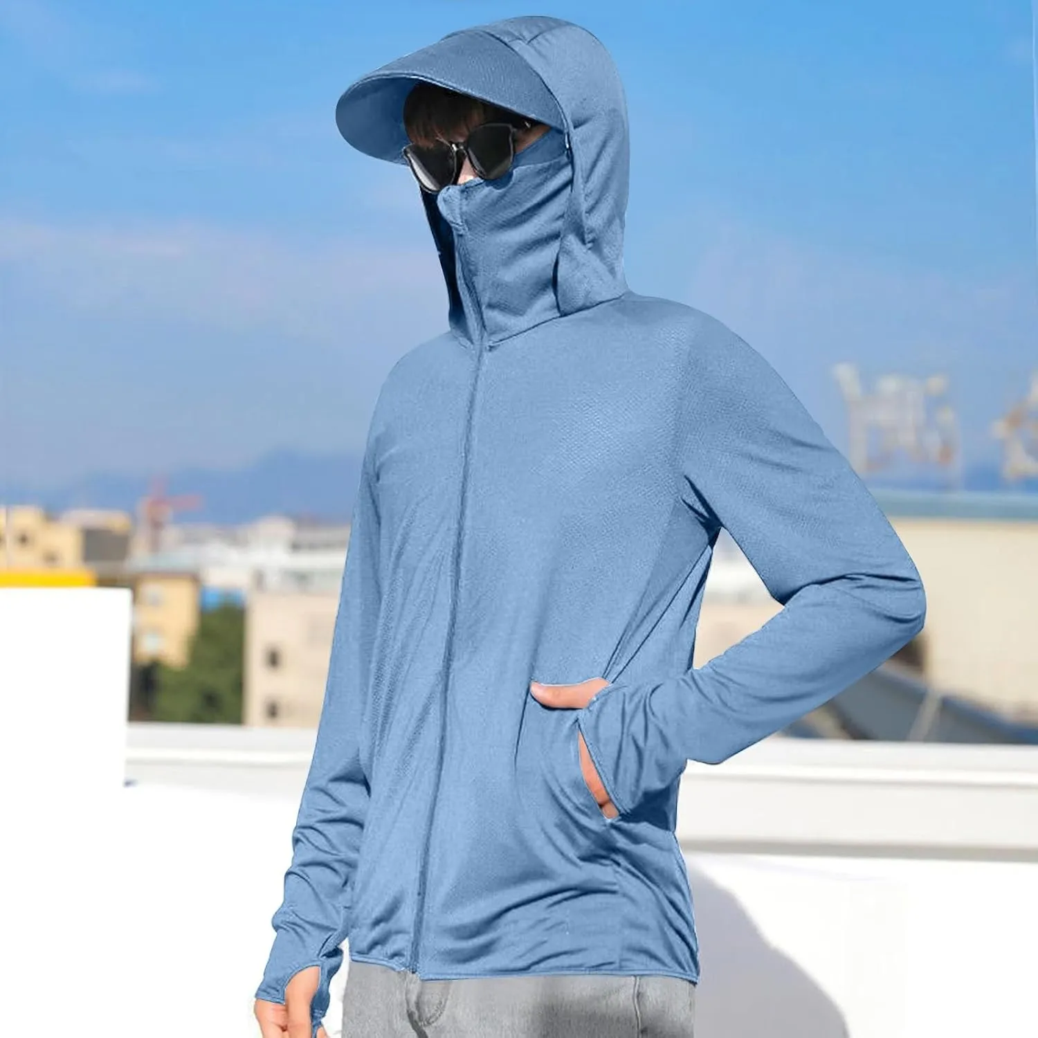 Sun Shirts for Men Hooded UPF 50  Long Sleeve Fishing Shirt with Mask UV Neck Gaiter Full Zip up Hoodie with Pockets