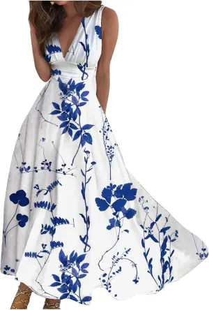Sundresses for Women 2025 Casual High Waist V Neck Sleeveless Summer Dresses Trendy Floral Pleated Maxi Dresses
