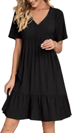 Sundresses for Women 2025 Casual Loose Fit Prom Bohemian Short Dress Plus Size Solid Color Swing V Neck Tiered Flowy Dress