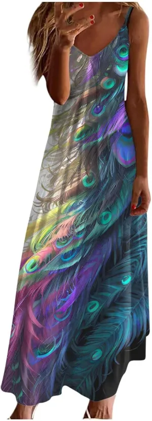TANGNADE Summer Dress for Women 2024 Casual Spaghetti Strap Sleeveless V Neck Long Flowy Dresses Fashion Casual Sundress