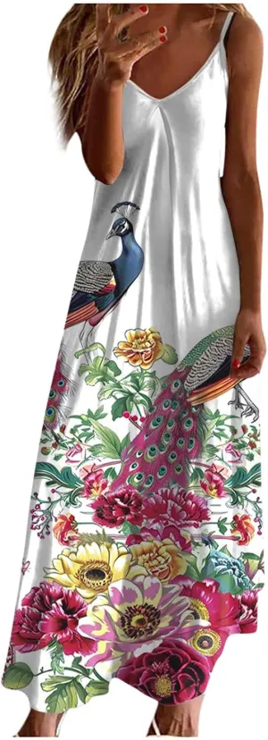 TANGNADE Summer Dress for Women 2024 Casual Spaghetti Strap Sleeveless V Neck Long Flowy Dresses Fashion Casual Sundress