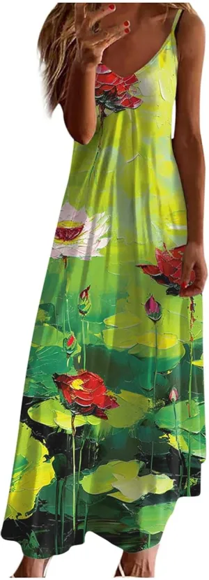 TANGNADE Summer Dress for Women 2024 Casual Spaghetti Strap Sleeveless V Neck Long Flowy Dresses Fashion Casual Sundress