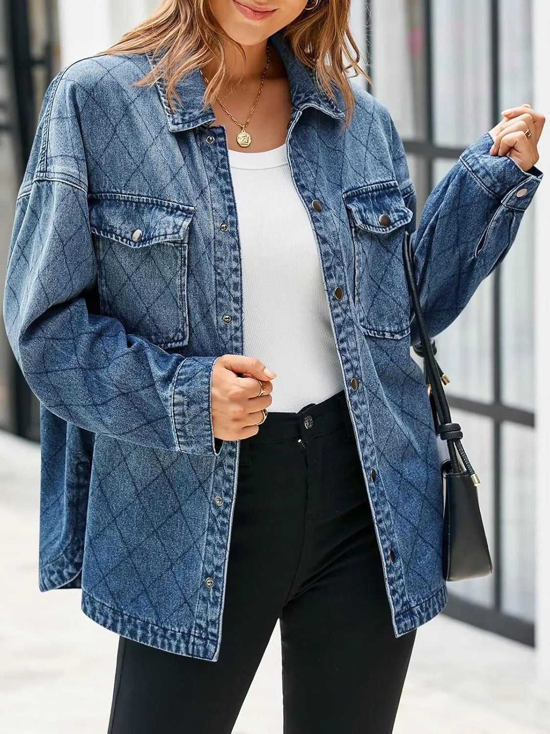 Tankaneo Womens Oversized Denim Jackets Trendy Diamond Quilted Button Down Jean Shackets Casual Lightweight Jackets
