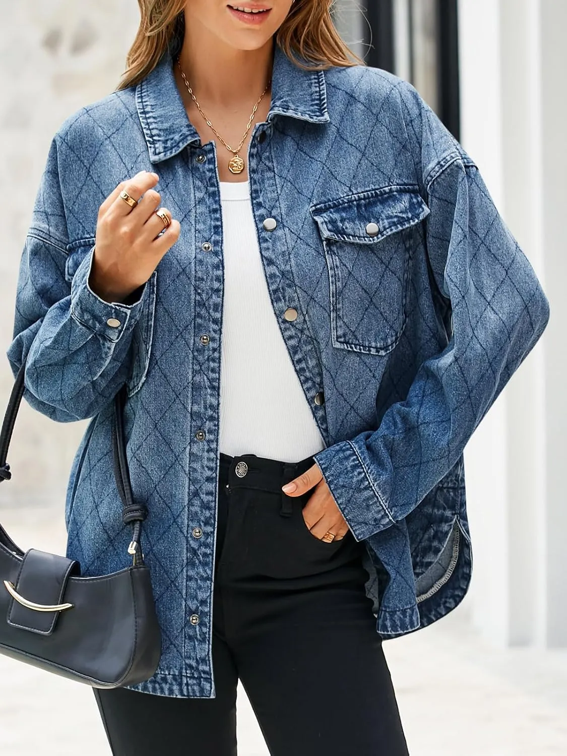 Tankaneo Womens Oversized Denim Jackets Trendy Diamond Quilted Button Down Jean Shackets Casual Lightweight Jackets