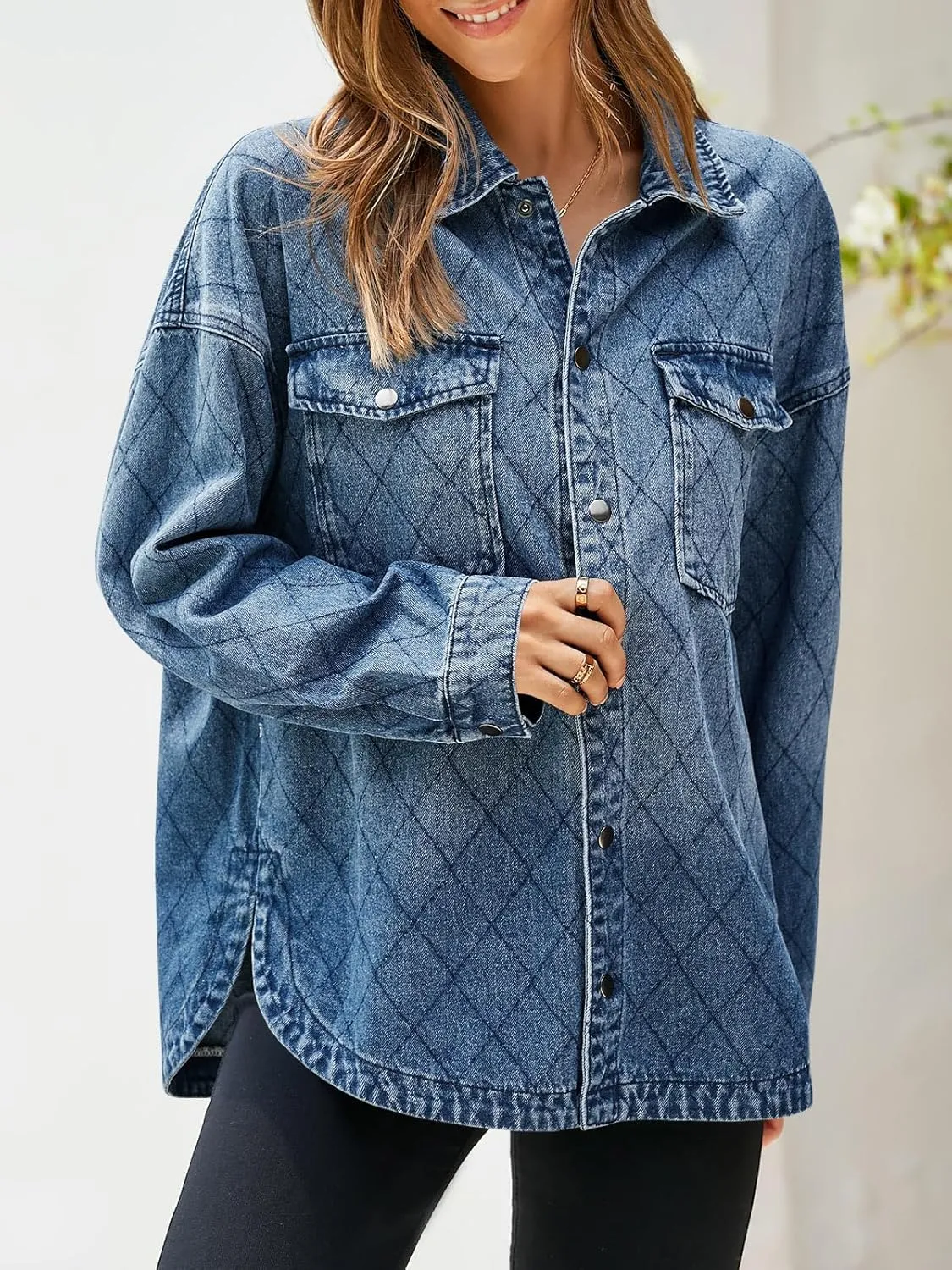 Tankaneo Womens Oversized Denim Jackets Trendy Diamond Quilted Button Down Jean Shackets Casual Lightweight Jackets
