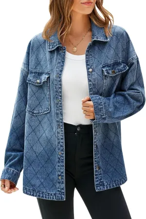 Tankaneo Womens Oversized Denim Jackets Trendy Diamond Quilted Button Down Jean Shackets Casual Lightweight Jackets