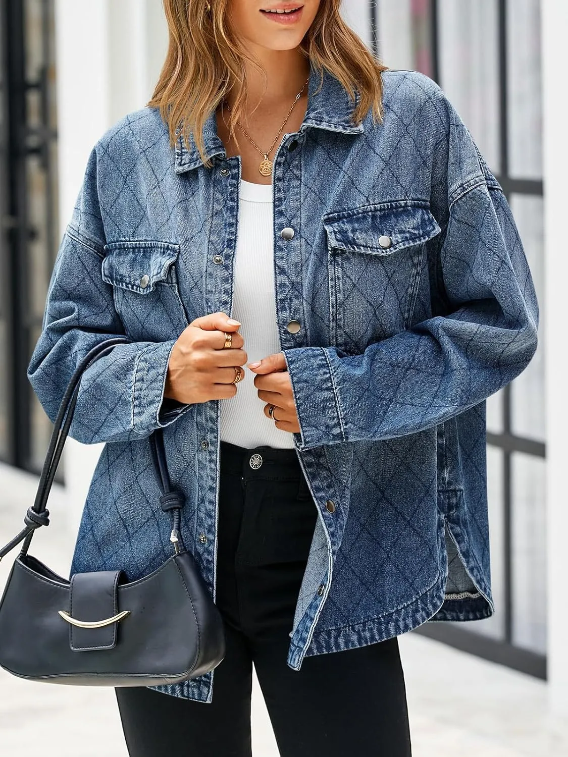 Tankaneo Womens Oversized Denim Jackets Trendy Diamond Quilted Button Down Jean Shackets Casual Lightweight Jackets