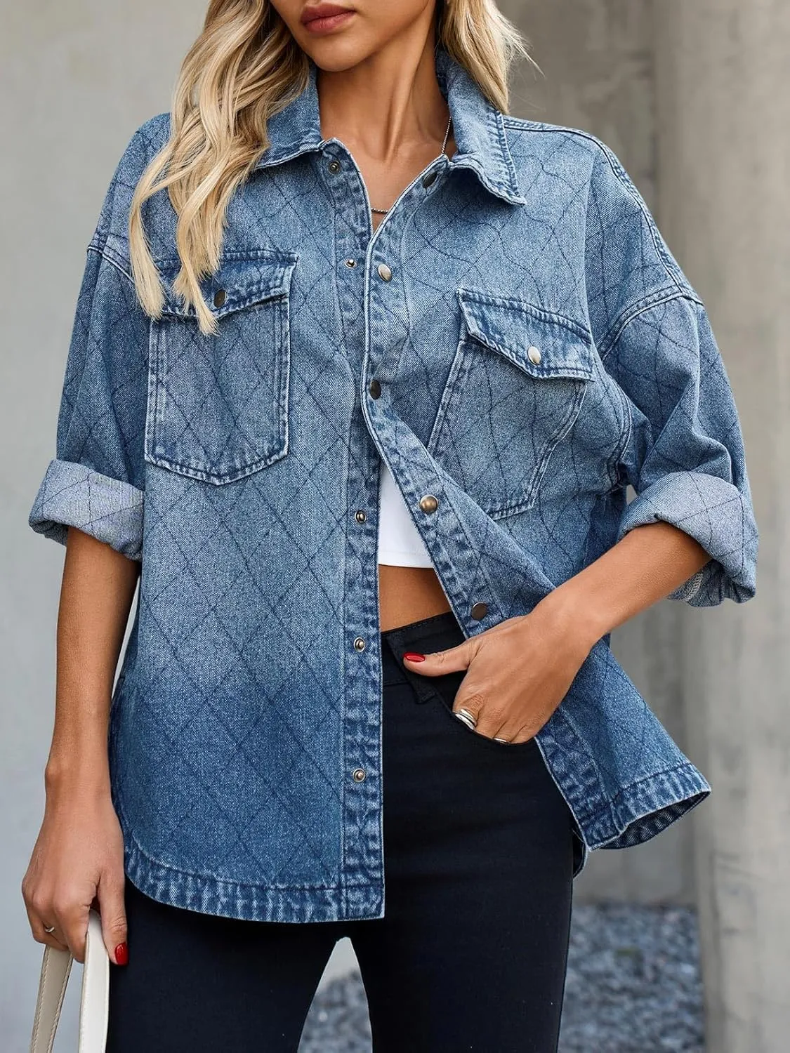 Tankaneo Womens Oversized Denim Jackets Trendy Diamond Quilted Button Down Jean Shackets Casual Lightweight Jackets