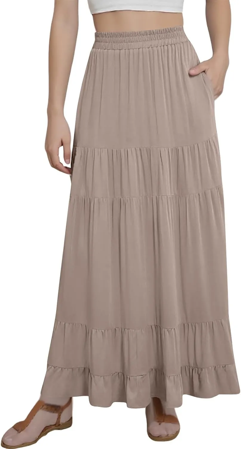 Tiered Maxi Skirt for Women 2025 Summer Flowy Long Elastic High Waisted Ruffle Skirts Casual Soft Skirt with Pockets