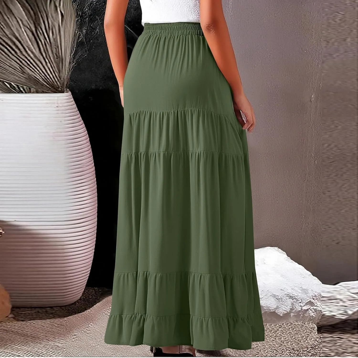 Tiered Maxi Skirt for Women 2025 Summer Flowy Long Elastic High Waisted Ruffle Skirts Casual Soft Skirt with Pockets
