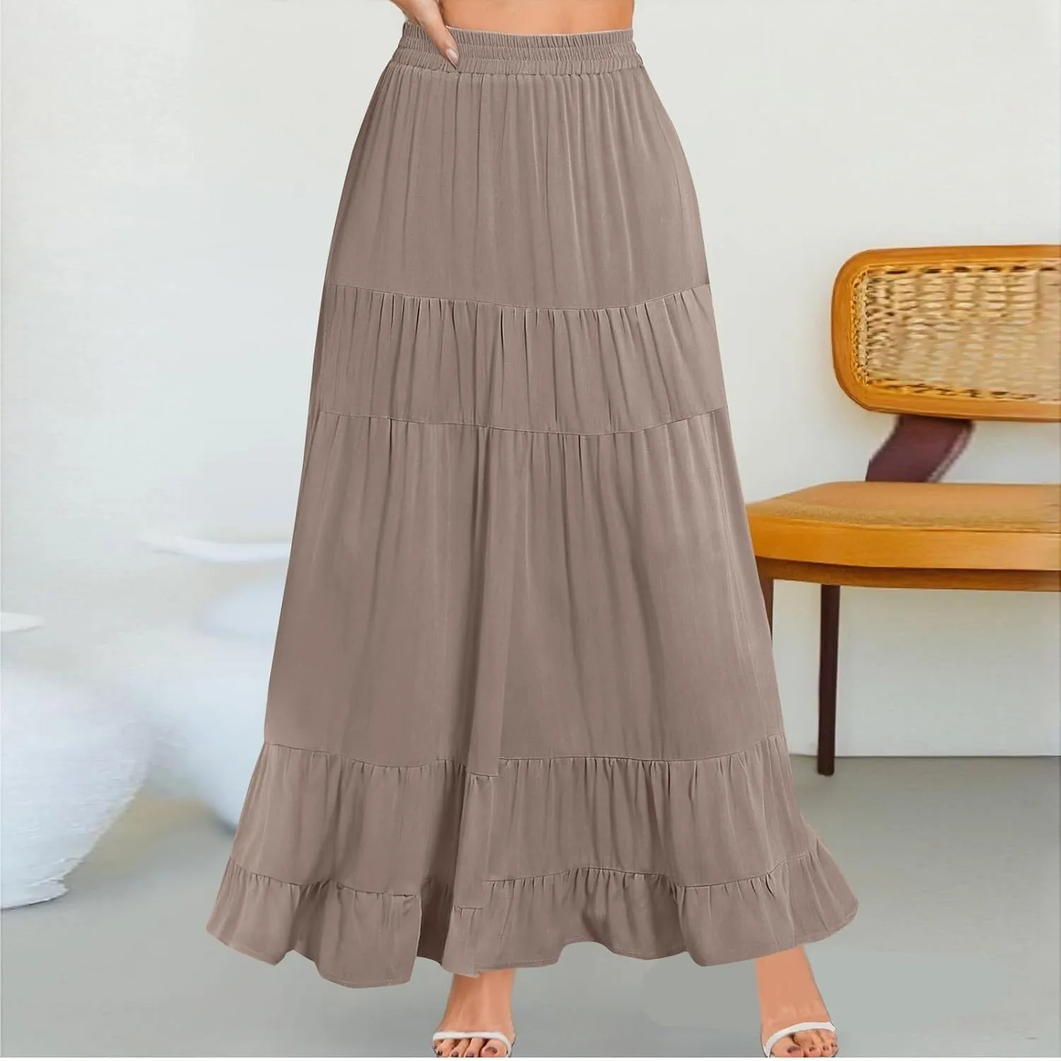 Tiered Maxi Skirt for Women 2025 Summer Flowy Long Elastic High Waisted Ruffle Skirts Casual Soft Skirt with Pockets