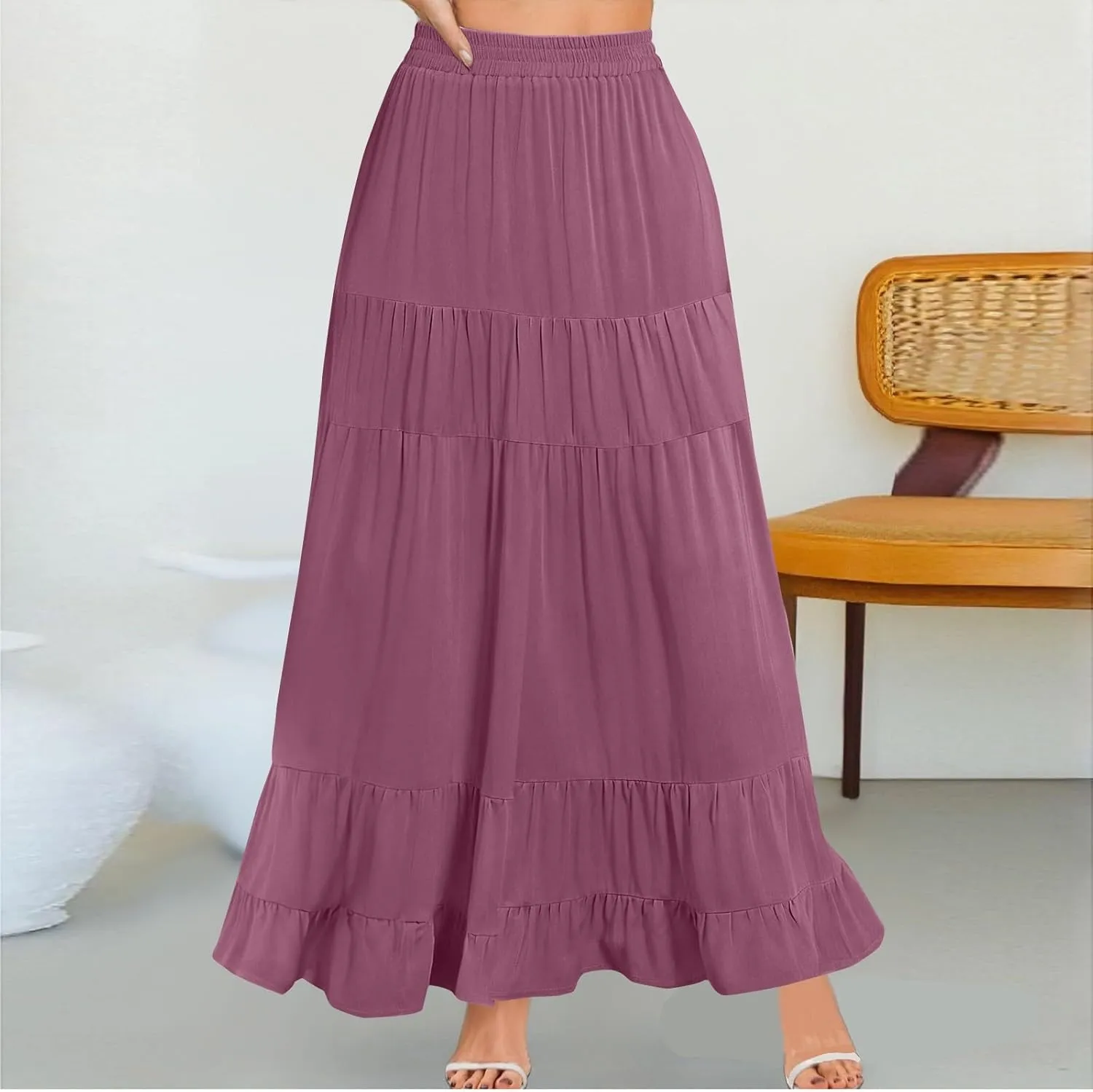Tiered Maxi Skirt for Women 2025 Summer Flowy Long Elastic High Waisted Ruffle Skirts Casual Soft Skirt with Pockets