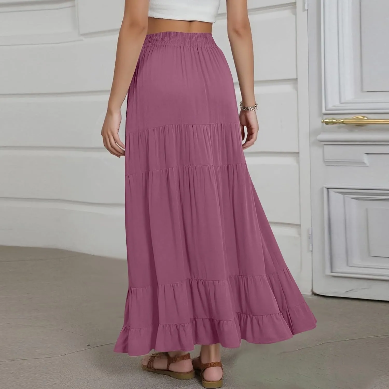 Tiered Maxi Skirt for Women 2025 Summer Flowy Long Elastic High Waisted Ruffle Skirts Casual Soft Skirt with Pockets