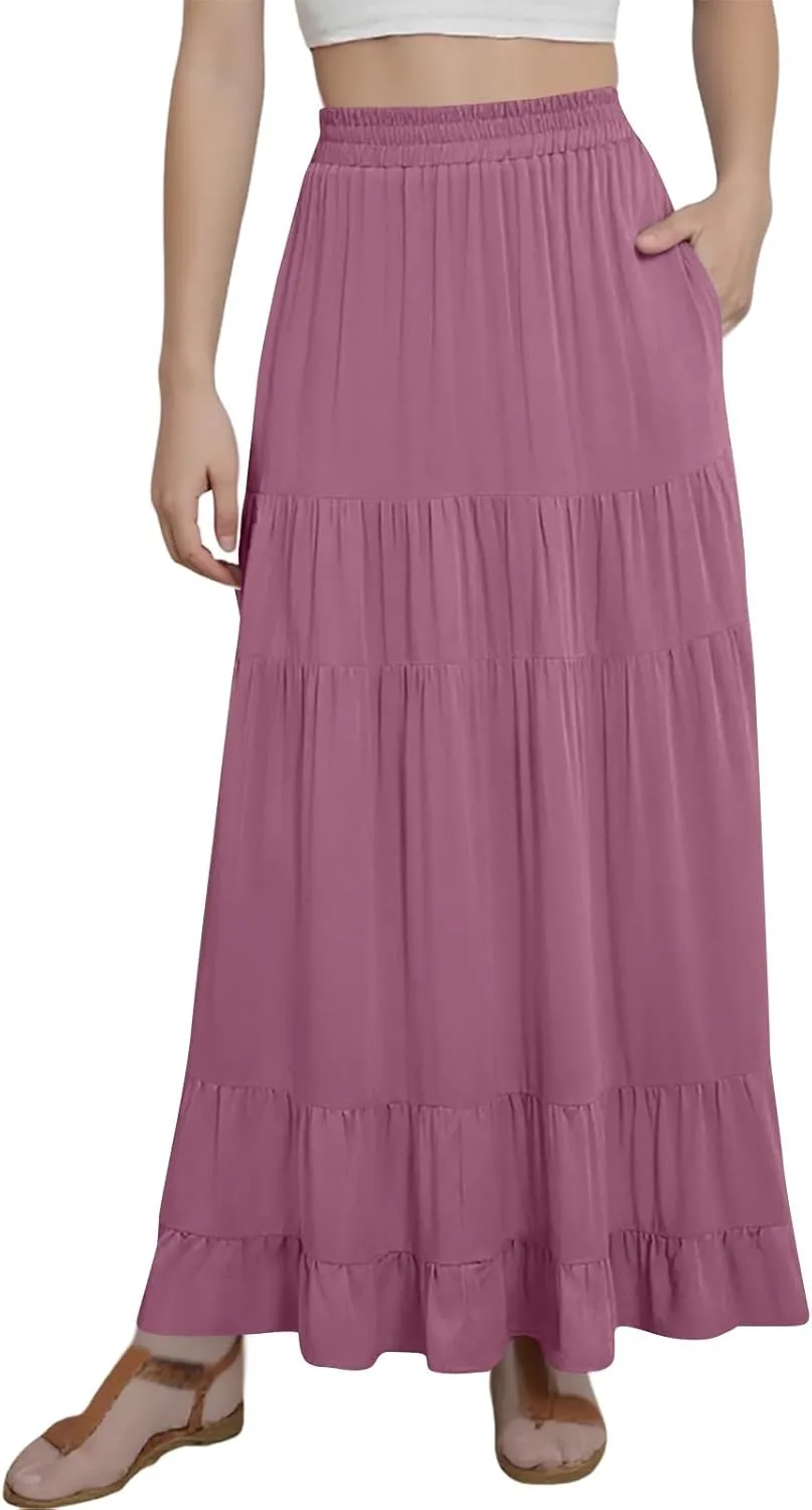 Tiered Maxi Skirt for Women 2025 Summer Flowy Long Elastic High Waisted Ruffle Skirts Casual Soft Skirt with Pockets
