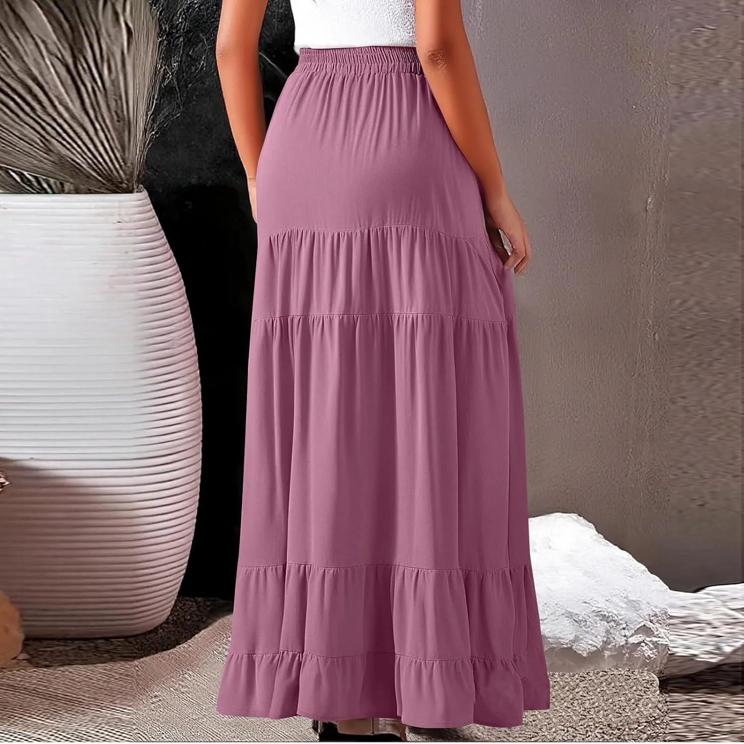 Tiered Maxi Skirt for Women 2025 Summer Flowy Long Elastic High Waisted Ruffle Skirts Casual Soft Skirt with Pockets