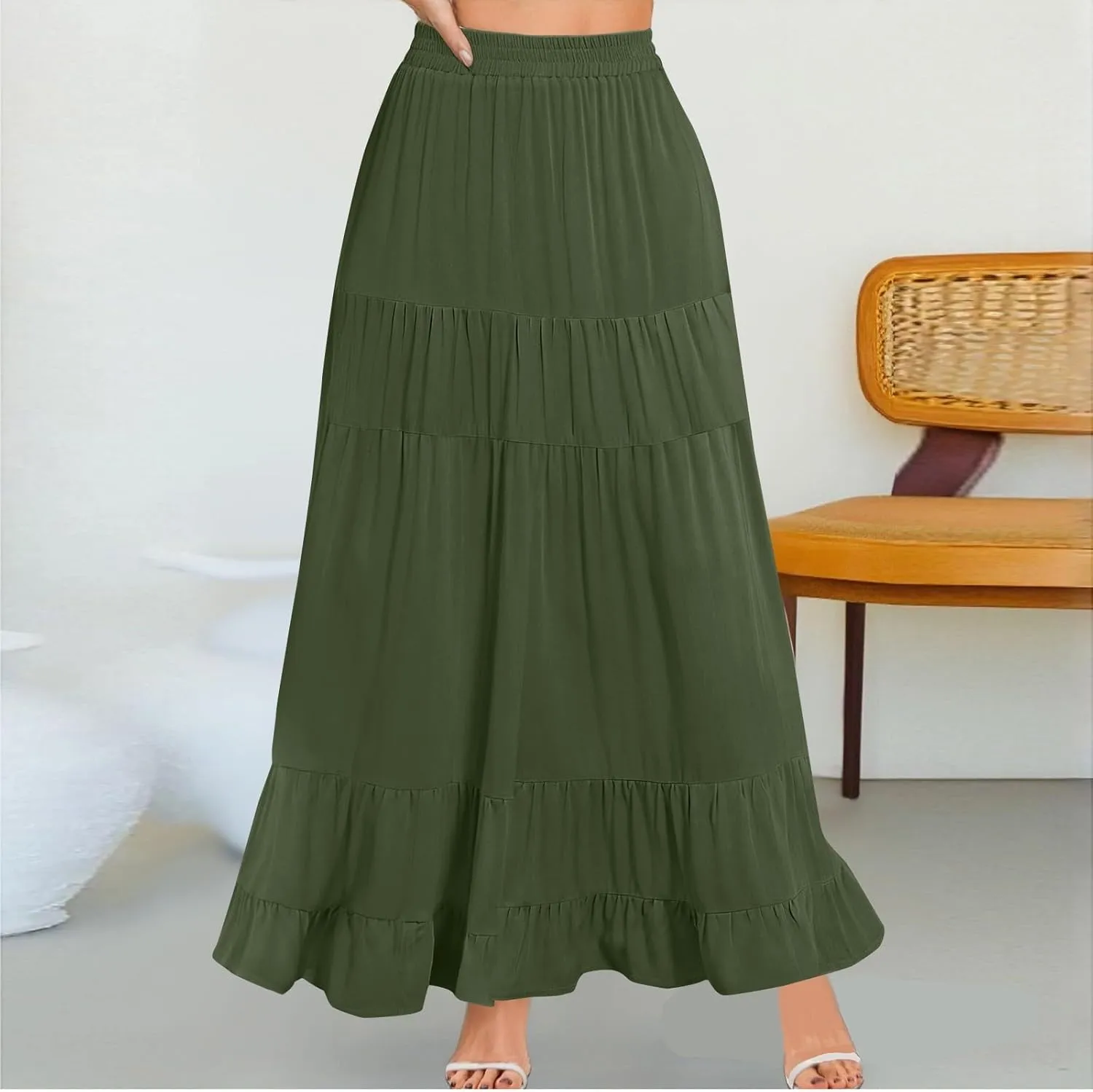 Tiered Maxi Skirt for Women 2025 Summer Flowy Long Elastic High Waisted Ruffle Skirts Casual Soft Skirt with Pockets