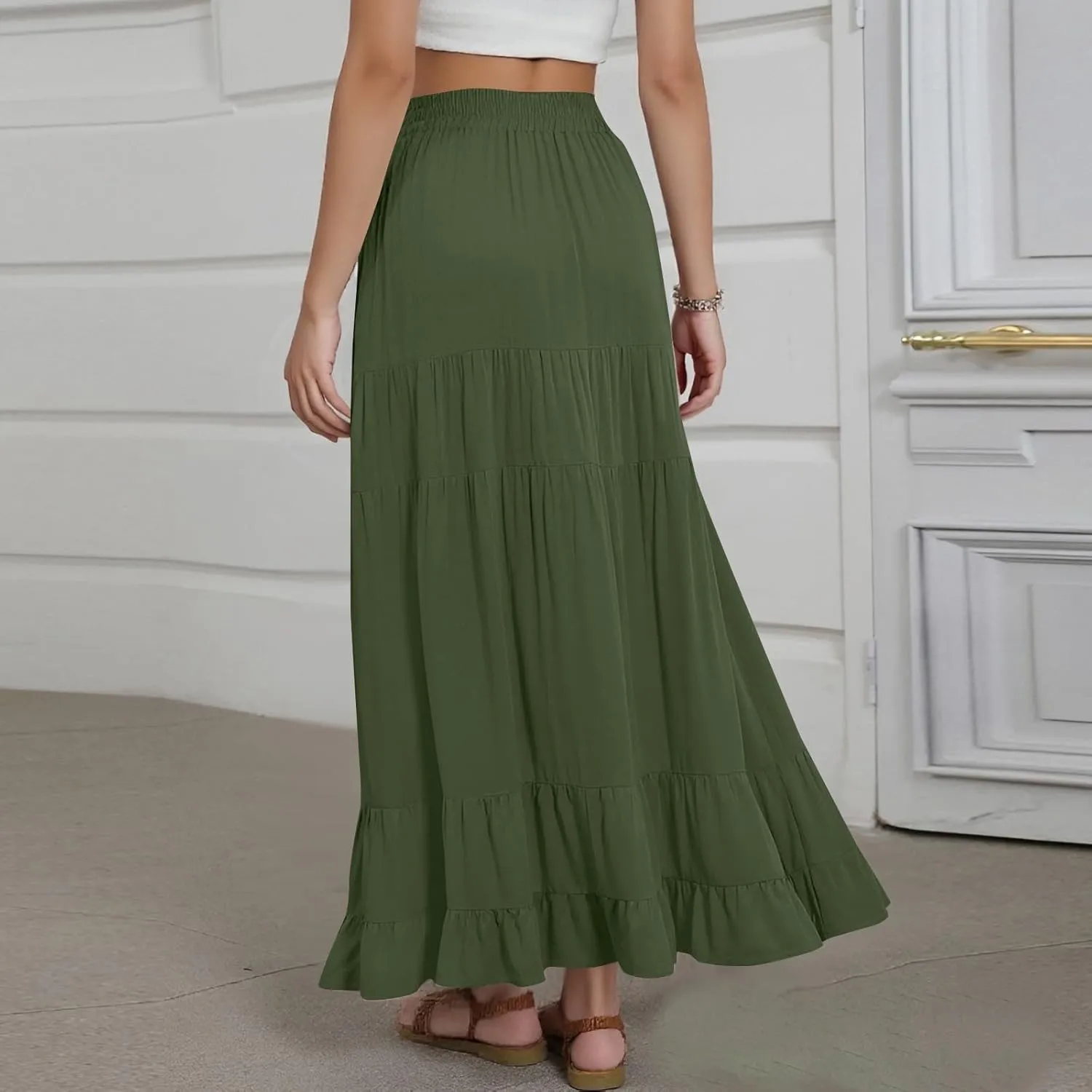Tiered Maxi Skirt for Women 2025 Summer Flowy Long Elastic High Waisted Ruffle Skirts Casual Soft Skirt with Pockets