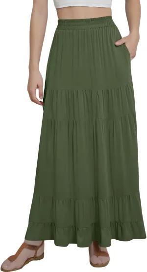 Tiered Maxi Skirt for Women 2025 Summer Flowy Long Elastic High Waisted Ruffle Skirts Casual Soft Skirt with Pockets