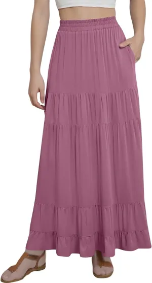 Tiered Maxi Skirt for Women 2025 Summer Flowy Long Elastic High Waisted Ruffle Skirts Casual Soft Skirt with Pockets