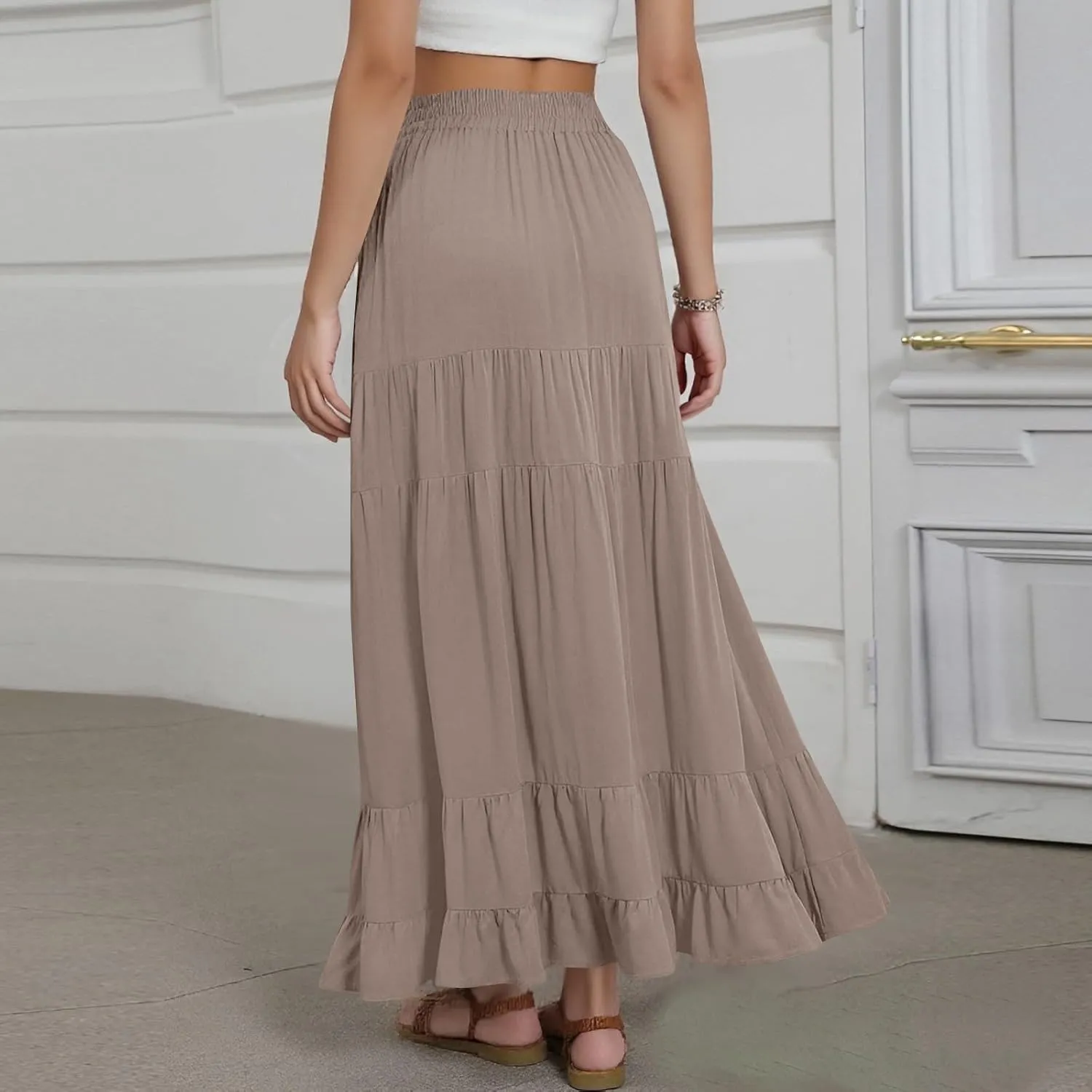 Tiered Maxi Skirt for Women 2025 Summer Flowy Long Elastic High Waisted Ruffle Skirts Casual Soft Skirt with Pockets