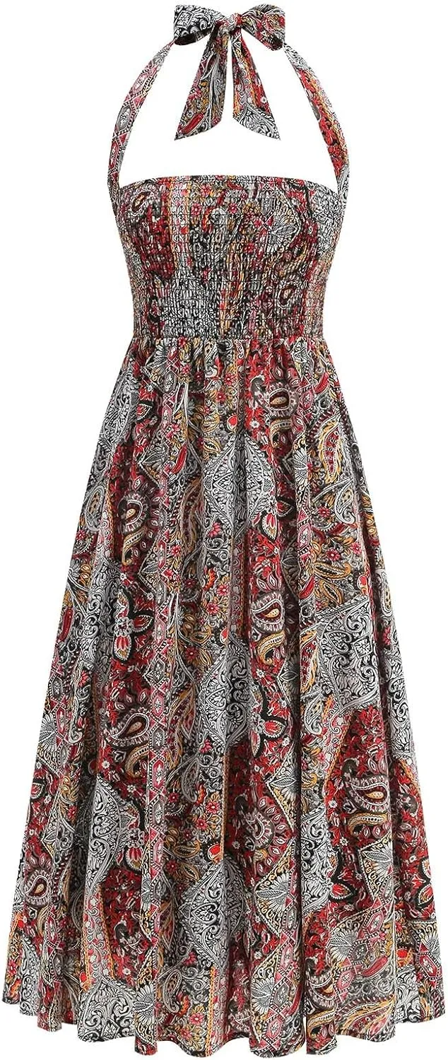 Tropical Print Hawaii Maxi Skirts for Women Summer Drawstring High Waisted Boho Tiered Swing Pleated Flowy Skirt