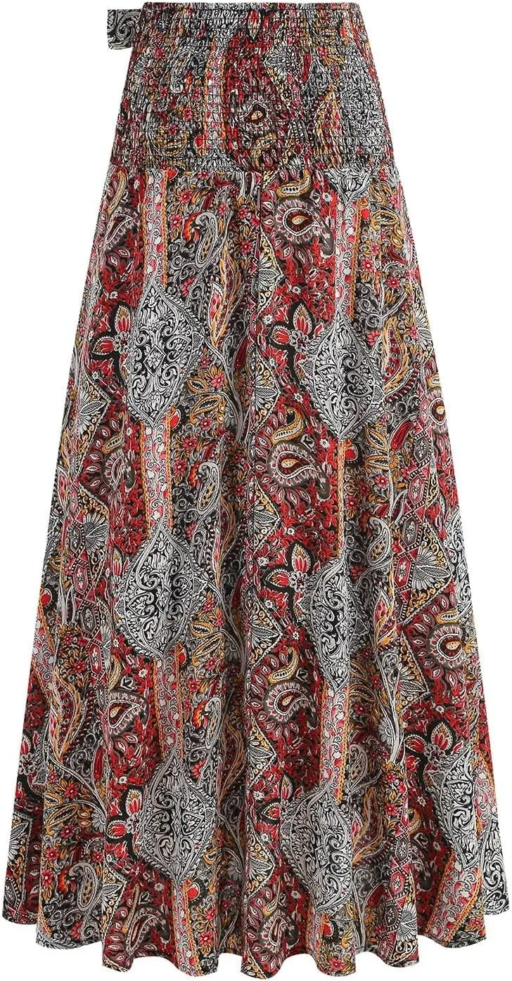 Tropical Print Hawaii Maxi Skirts for Women Summer Drawstring High Waisted Boho Tiered Swing Pleated Flowy Skirt