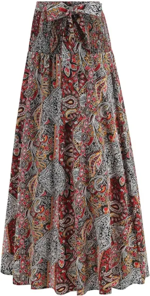 Tropical Print Hawaii Maxi Skirts for Women Summer Drawstring High Waisted Boho Tiered Swing Pleated Flowy Skirt