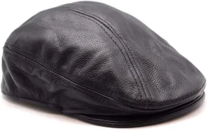 Unisex Black Cowhide Leather Flat Cap – Lightweight Classic Ivy Newsboy Cap for Men