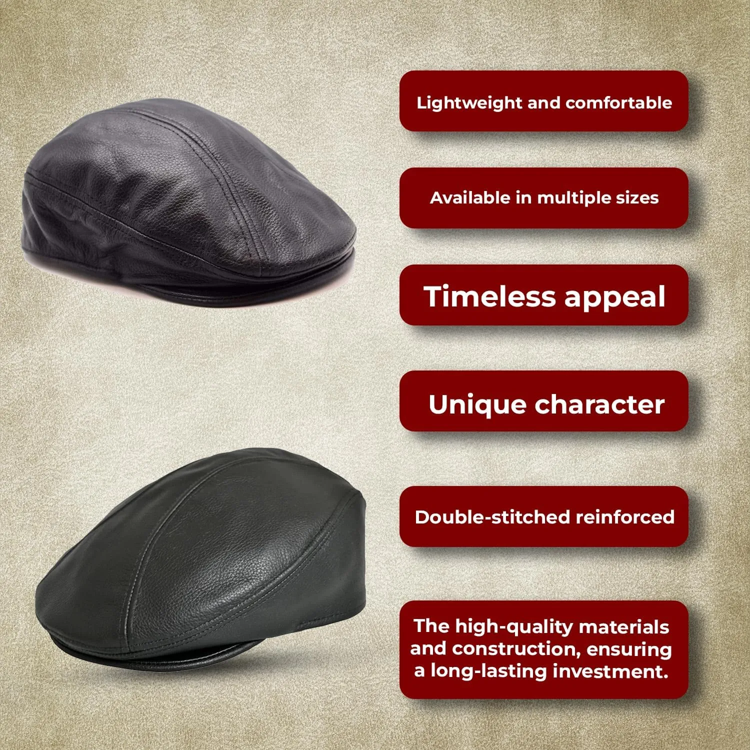 Unisex Black Cowhide Leather Flat Cap – Lightweight Classic Ivy Newsboy Cap for Men