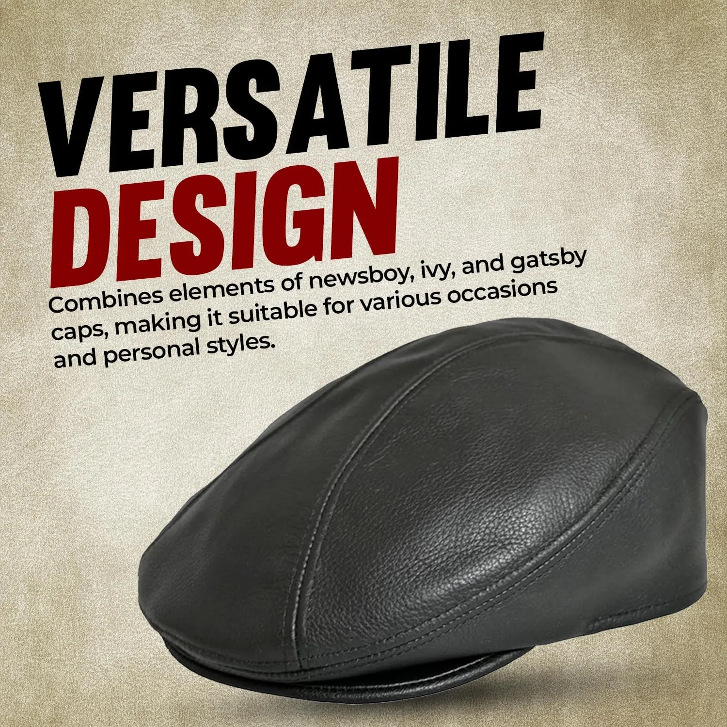 Unisex Black Cowhide Leather Flat Cap – Lightweight Classic Ivy Newsboy Cap for Men