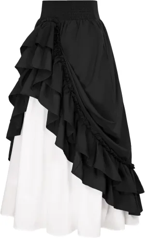 Victorian Vintage Maxi Skirt for Women Renaissance Tiered Ruffle A-Line Skirts Smocked High Waist Double-Layer Skirt
