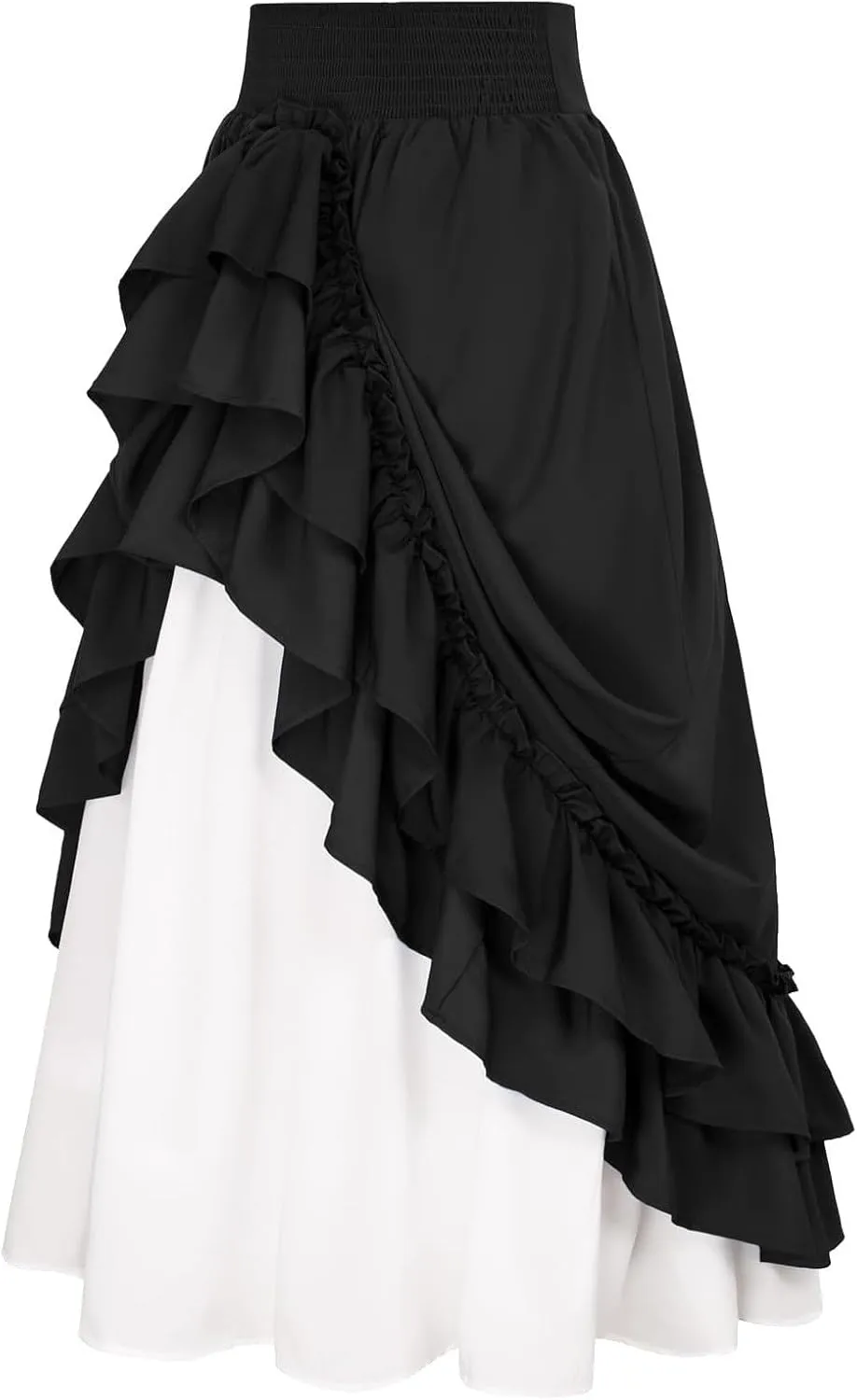 Victorian Vintage Maxi Skirt for Women Renaissance Tiered Ruffle A-Line Skirts Smocked High Waist Double-Layer Skirt
