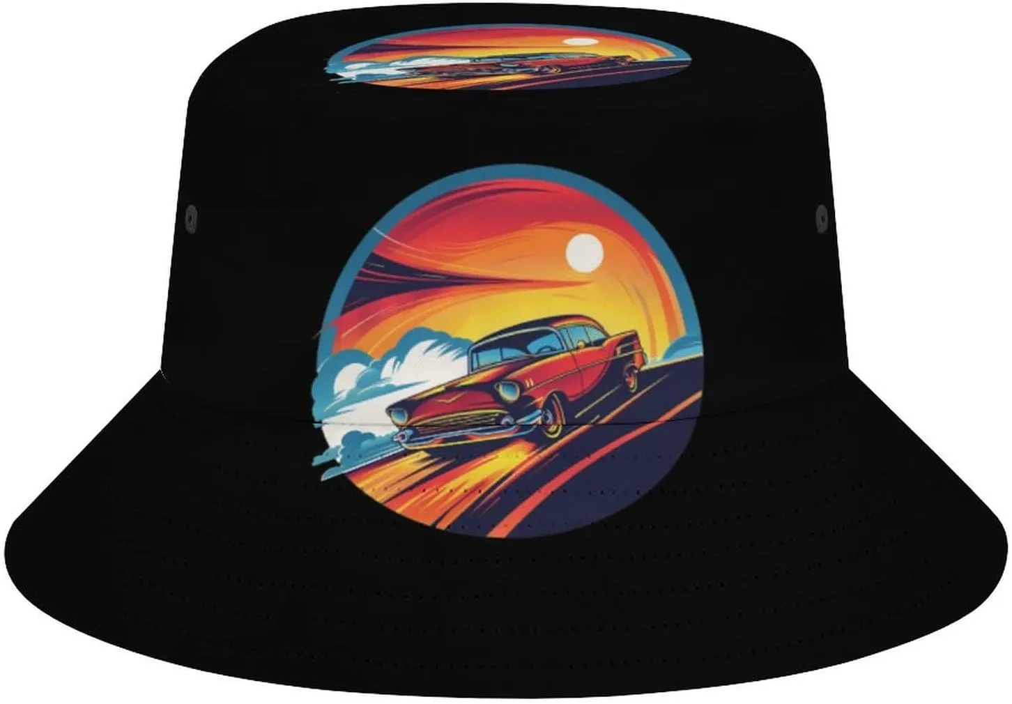 Vintage Sunset Car Drifting Bucket Hat Lightweight Fishing Hat Wide Brim Sun Protection Cap for Men Women