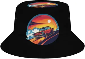 Vintage Sunset Car Drifting Bucket Hat Lightweight Fishing Hat Wide Brim Sun Protection Cap for Men Women
