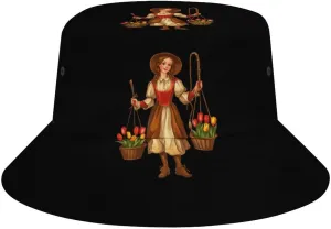 Vintage Traditional National Costume Doll Bucket Hat Lightweight Fishing Hat Wide Brim Sun Protection Cap for Men Women