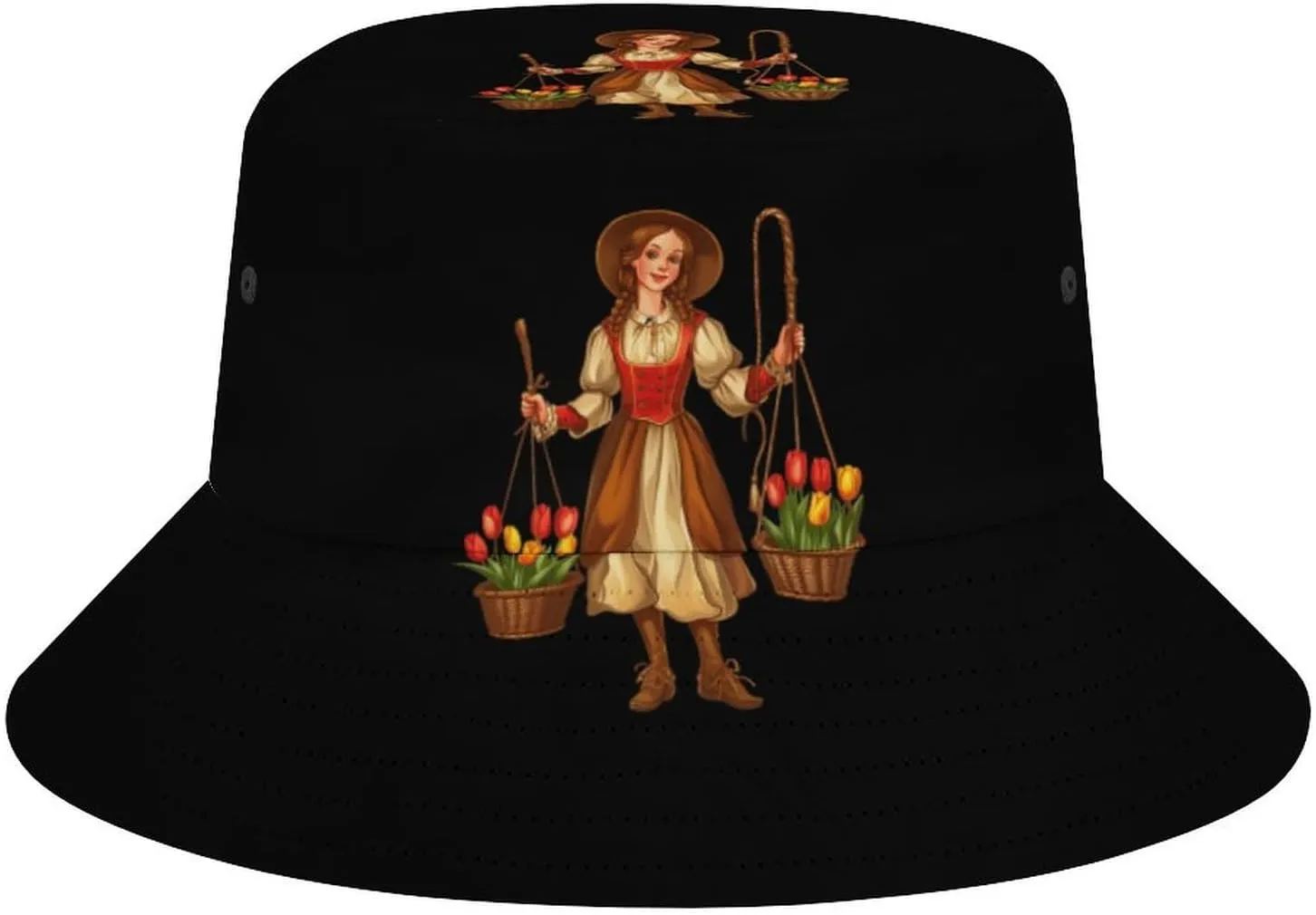 Vintage Traditional National Costume Doll Bucket Hat Lightweight Fishing Hat Wide Brim Sun Protection Cap for Men Women