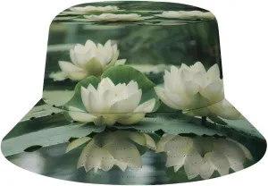 White Lotuses Flower Bucket Hat Lightweight Fishing Hat Wide Brim Sun Protection Cap for Men Women