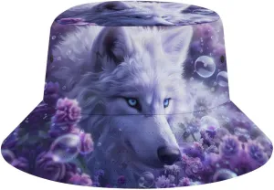 White Wolf with Glowing Eyes Bucket Hat Lightweight Fishing Hat Wide Brim Sun Protection Cap for Men Women